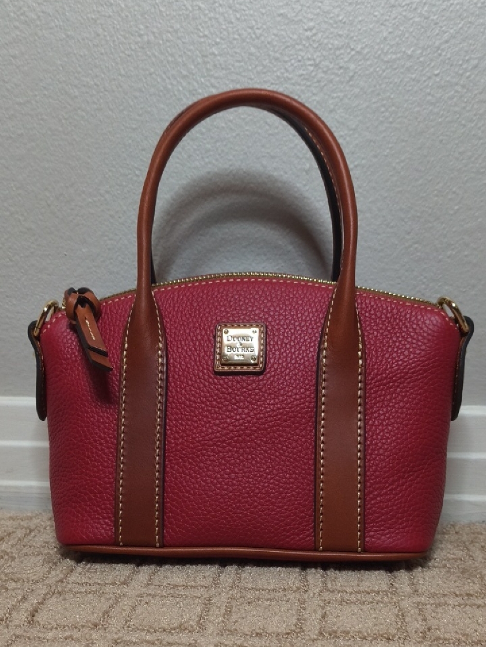 Dooney & Bourke dark Red Pebbled Leather Satchel with Brown Trim